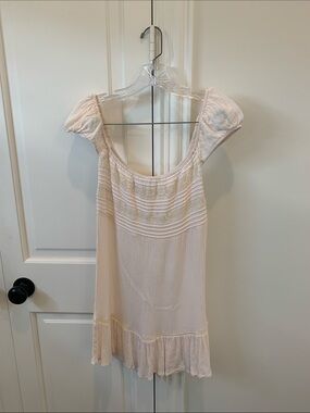 Peachy Cream Pintuck & Lace off the shoulder Mini Dress